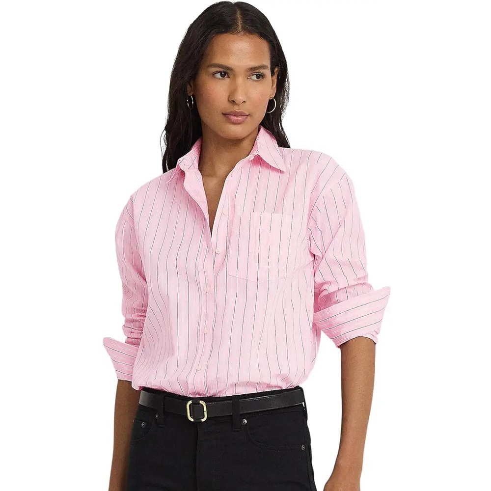 Lauren Ralph Lauren Relaxed Fit Striped Broadcloth Shirt size S Pink/White Multi